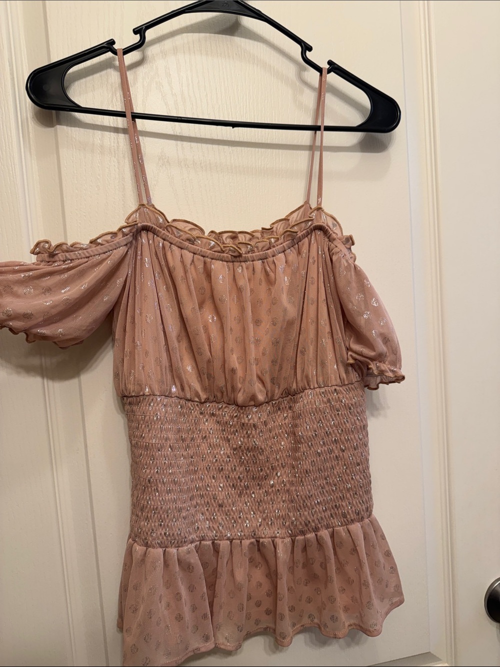 VENUS Dusty Rose Metallic Dot Off-Shoulder Smocked Peplum Top